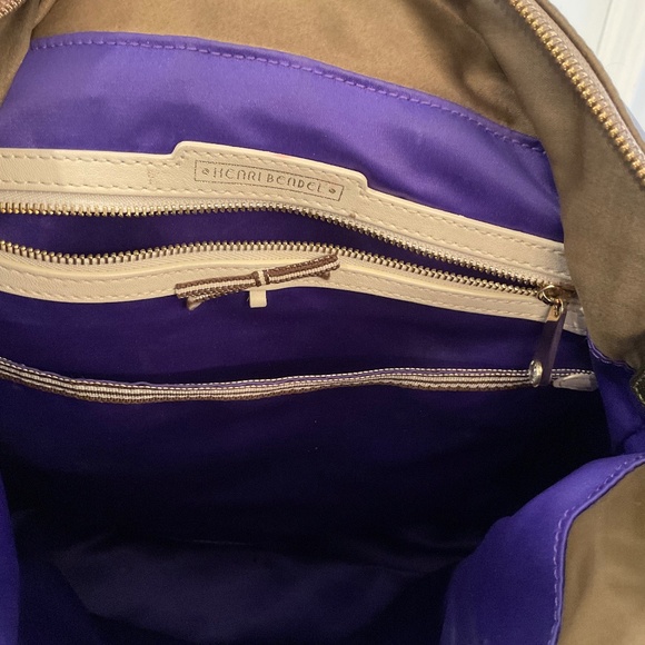 Henry Bendel Taupe 3Way Backpack/Shoulder/Top Handle w/Locket & Purple Interior - Picture 8 of 9